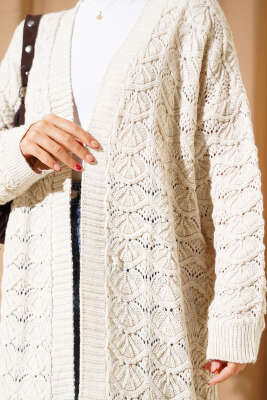 Örgü Desen Detaylı Triko Hırka Bej - Thumbnail