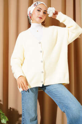 Pazarium - Sakallı Düğmeli Hırka Krem