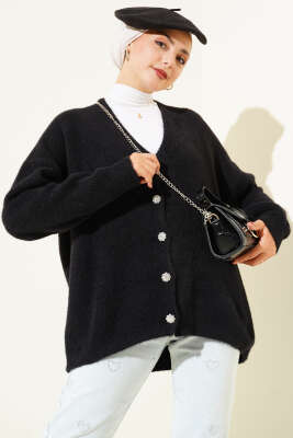 Pazarium - Sakallı Düğmeli Hırka Siyah