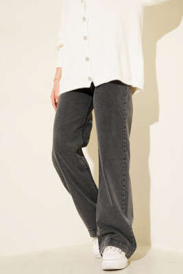 Pazarium - Önü Metal Düğmeli Bol Kot Pantolon Füme