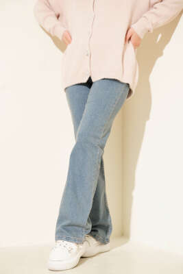 Pazarium - Kemerli İspanyol Paça Kot Pantolon Açık Mavi