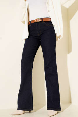 Pazarium - Kemerli İspanyol Paça Kot Pantolon Lacivert