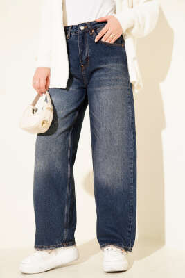 Pazarium - Paça Püskül Detaylı Baggy Pantolon Koyu Mavi