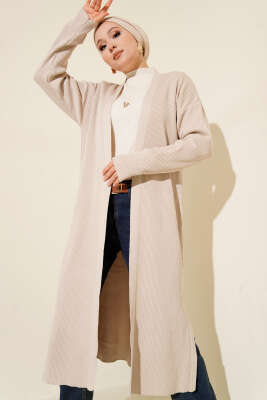 Pazarium - İnce Fitilli Triko Uzun Hırka Bej