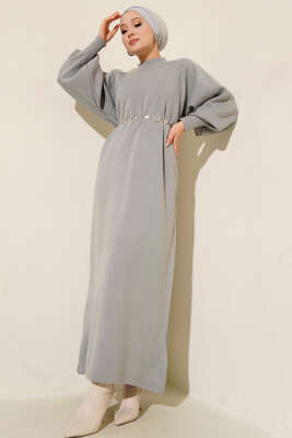 Pazarium - Balon Kol Triko Elbise Kayrak Grisi