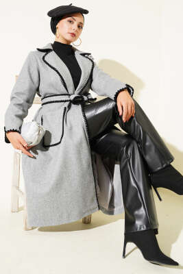 Pazarium - Midye Dikişli Kuşaklı Kaşe Kaban Gri