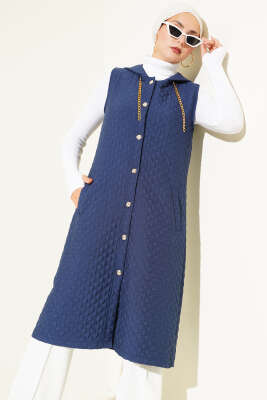 Pazarium - Kapüşonlu Kapitone Yelek Lacivert