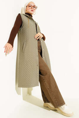 Pazarium - Kapüşonlu Kapitone Yelek Haki