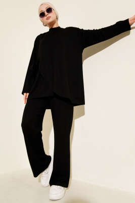 Pazarium - Bisiklet Yaka Yandan Bağlamalı İkili Takım Siyah