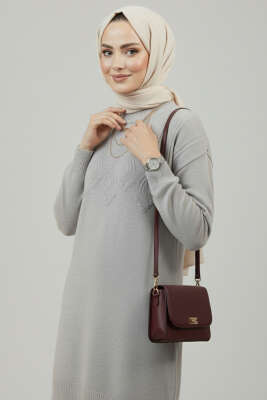 Pazarium - Kabartma Desen Yumoş Triko Tunik Gri