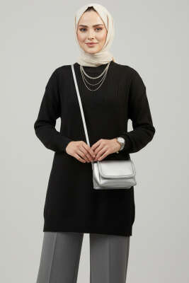 Pazarium - Kabartma Desen Yumoş Triko Tunik Siyah