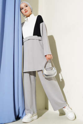 Pazarium - Garnili Yarım Fermuar Detaylı İkili Takım Gri 