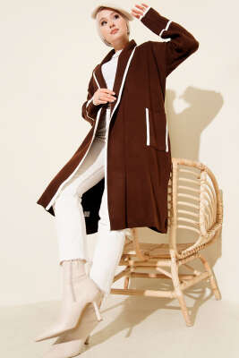 Şal Yaka Cepli Triko Hırka Kahve - Thumbnail