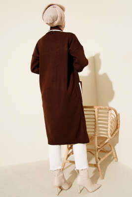 Şal Yaka Cepli Triko Hırka Kahve - Thumbnail