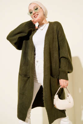 Düşük Omuz Cepli Triko Hırka Haki - Thumbnail