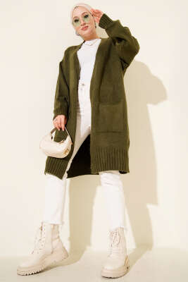 Düşük Omuz Cepli Triko Hırka Haki - Thumbnail