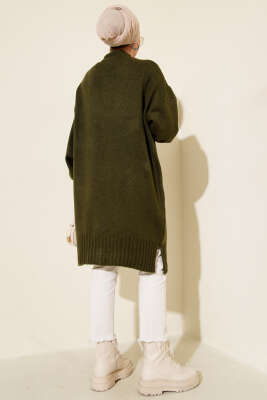 Düşük Omuz Cepli Triko Hırka Haki - Thumbnail