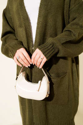 Düşük Omuz Cepli Triko Hırka Haki - Thumbnail