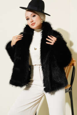 Pazarium - Kürklü Düğmeli Kısa Mont Siyah