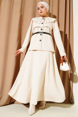 Pazarium - Bebe Yaka Düğmeli Etekli İkili Takım Bej