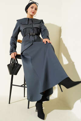 Pazarium - Bebe Yaka Düğmeli Etekli İkili Takım Füme