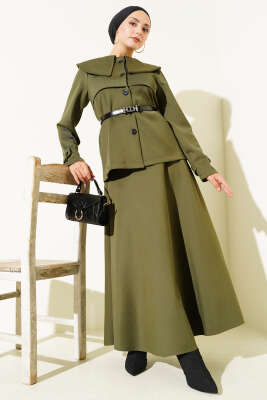 Pazarium - Bebe Yaka Düğmeli Etekli İkili Takım Haki