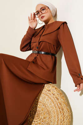 Pazarium - Bebe Yaka Düğmeli Etekli İkili Takım Kestane