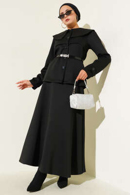 Pazarium - Bebe Yaka Düğmeli Etekli İkili Takım Siyah