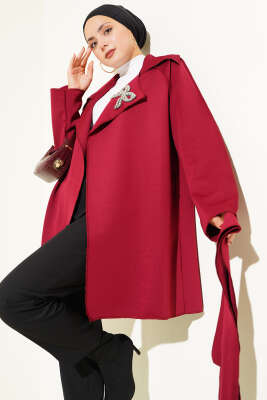 Fiyonk Bronşlu Ters Dikiş Detaylı Ceket Bordo - Thumbnail