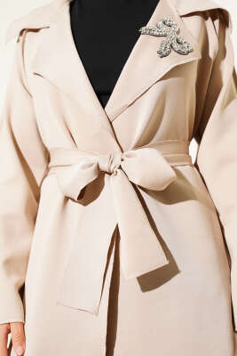 Fiyonk Bronşlu Ters Dikiş Detaylı Ceket Bej - Thumbnail