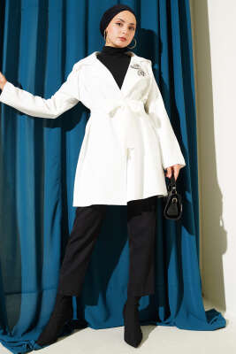 Fiyonk Bronşlu Ters Dikiş Detaylı Ceket Ekru - Thumbnail