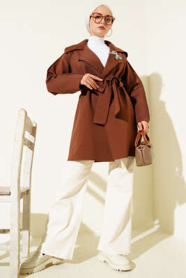 Fiyonk Bronşlu Ters Dikiş Detaylı Ceket Kahve - Thumbnail