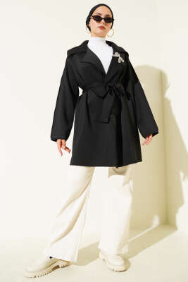 Fiyonk Bronşlu Ters Dikiş Detaylı Ceket Siyah - Thumbnail