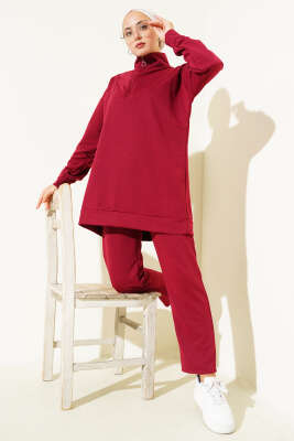 Pazarium - Yarım Fermuarlı İki İpli İkili Takım Bordo