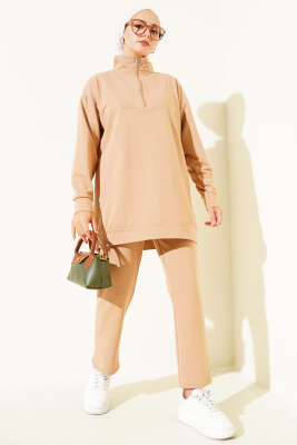 Pazarium - Yarım Fermuarlı İki İpli İkili Takım Camel