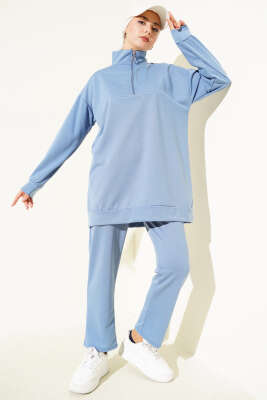 Pazarium - Yarım Fermuarlı İki İpli İkili Takım İndigo