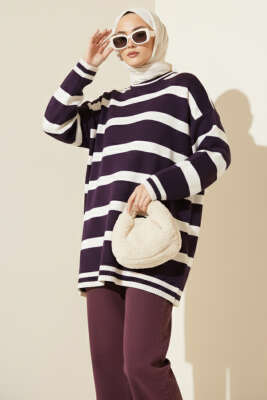 Pazarium - Yatay Çizgi Detaylı Triko Tunik Mor
