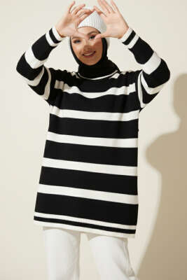 Pazarium - Yatay Çizgi Detaylı Triko Tunik Siyah