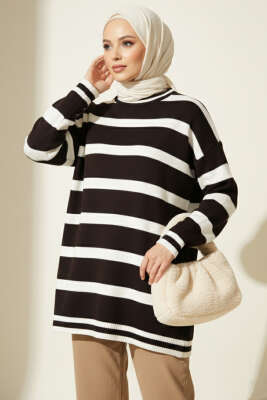 Pazarium - Yatay Çizgi Detaylı Triko Tunik Kahve
