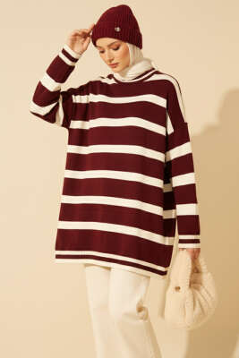 Pazarium - Yatay Çizgi Detaylı Triko Tunik Bordo