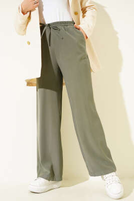 Pazarium - Bel Lastikli Tencel Pantolon Haki