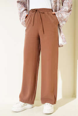 Pazarium - Bel Lastikli Tencel Pantolon Taba