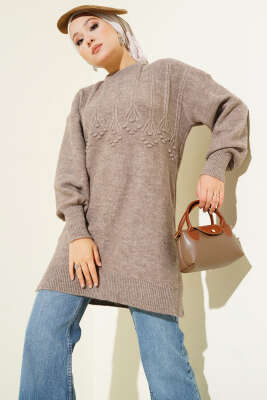 Pazarium - Kabartma Desen Yumoş Triko Tunik Vizon