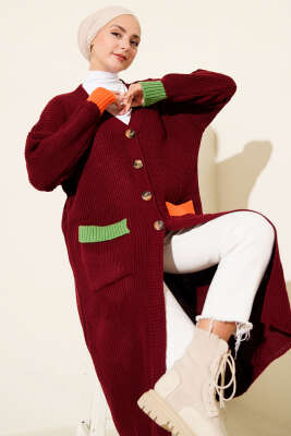 Renk Detaylı Salaş Bordo Hırka - Thumbnail