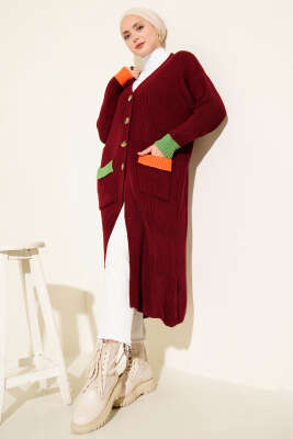 Renk Detaylı Salaş Bordo Hırka - Thumbnail