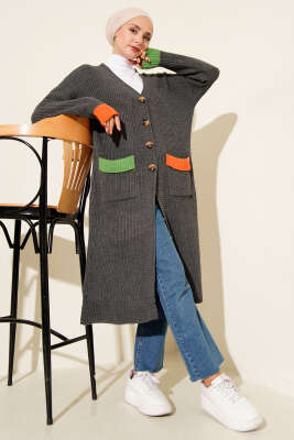 Renk Detaylı Salaş Füme Hırka - Thumbnail