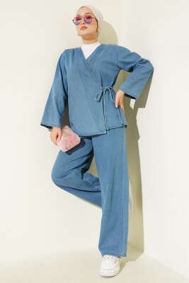 Pazarium - İp Bağlamalı V Yaka Kot İkili Takım Açık Mavi