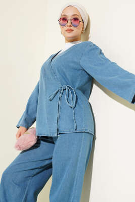 İp Bağlamalı V Yaka Kot İkili Takım Açık Mavi - Thumbnail
