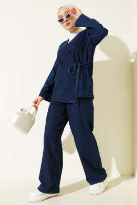 Pazarium - İp Bağlamalı V Yaka Kot İkili Takım Lacivert