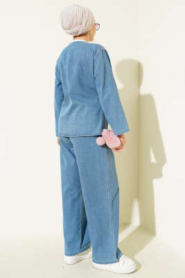 İp Bağlamalı V Yaka Kot İkili Takım Açık Mavi - Thumbnail